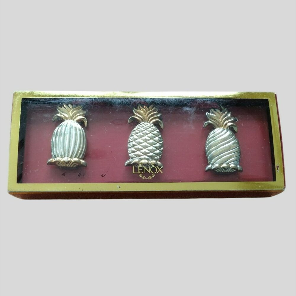 Lenox Williamsburg Pineapple Silverplate Ornaments Set Of 3 w/ Box, Silver Gold - Picture 1 of 9